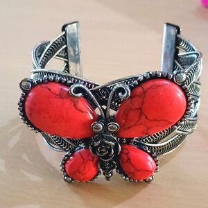 Bracelet Large Red Ceramic 'Butterfly' Cuff Bracelet In Silver Plating
